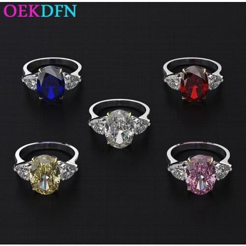 OEKDFN Luxury S925 Sterling Silver Rings For Women Oval White Yellow Red Pink Purple Gemstone Zircon Wedding Jewelry Ring Gift