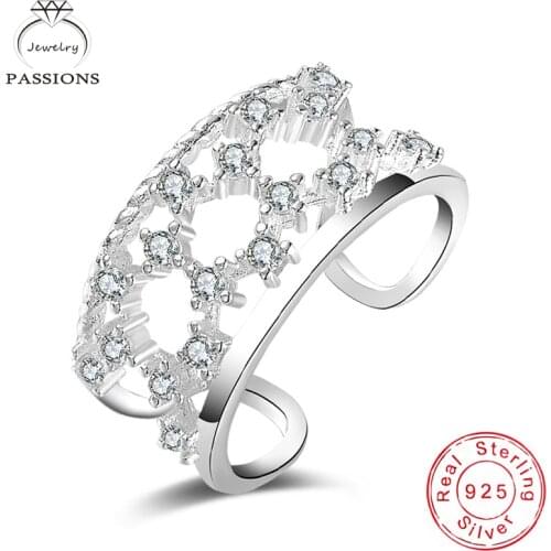 LYNNE Jewelry Ethnic Style 925 Sterling Silver AAA Zircon Rings Open Resizable Rhinestone Circular Hollow Design Ring Women Gift