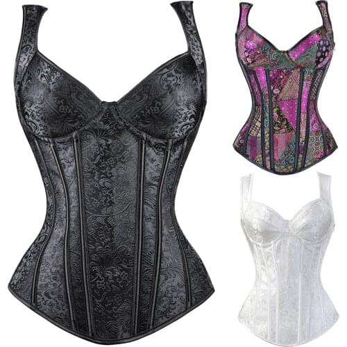 Womens Black Waist Trainer Steampunk Corsets and Bustiers Vest Lace up Boned Push-up Overbust Slim Brocade Burlesque Lingerie