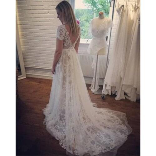 Boho Lace Wedding Dresses 2021 Sheer Neck V Back A Line Short Sleeves Wedding Bridal Gowns vestido de noiva