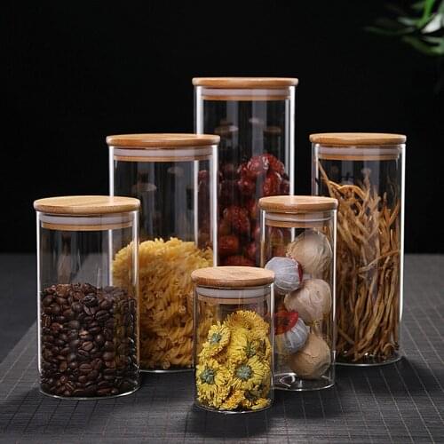 Kitchen Storage Tank Food Container Bambo Covered High Borosilicate Food Sealed Glass Tank Kitchen Miscellaneous Grain Organizer