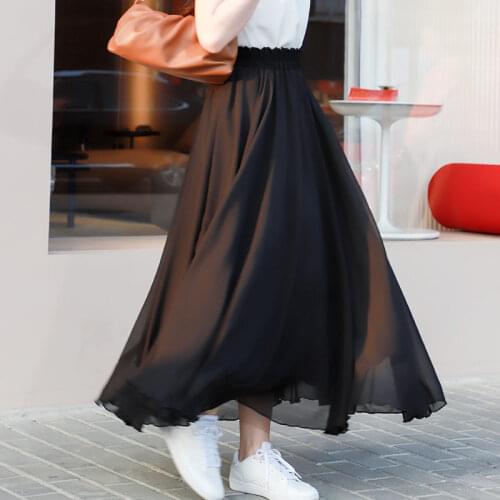 Summer Womens Skirts Elastic Belt Chiffon Skirt Chinese Style Solid Color Leisure Skirt Large Size XS-2XL Womens Beach Skirts