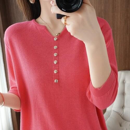 Summer new style cotton knitted short-sleeved T-shirt V-neck loose wild short half-sleeved pullover ladies top