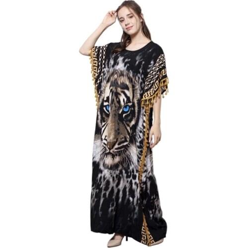 Muslim Womens Wear Abayas for Women Dubai Turkey Muslim Long Dress Tiger Head Print Dress