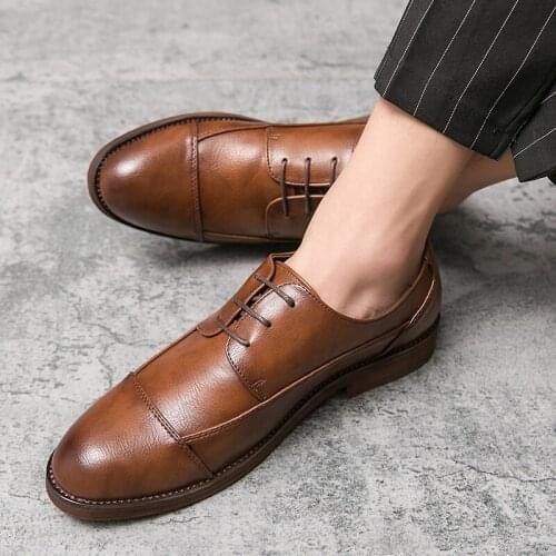 Mens Dress Shoes lace up oxfords round Toe Gentlemen Leather Shoes brogue outdoor Trendy Business Style Fashion Men Shoes