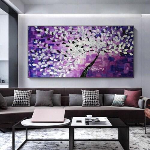 Hand-painted Wall Art Pictures Tree Flower violet Palette Knife Oil Painting Abstract Wall Decoration For Home Frameless Canvas