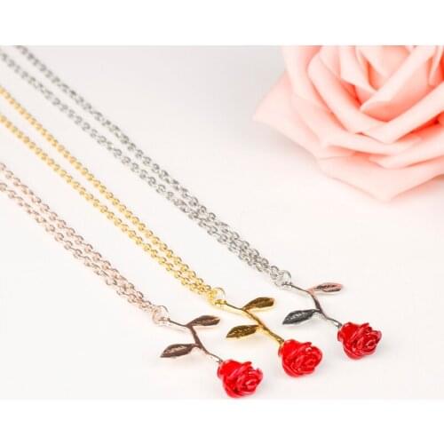 1 Pcs Delicate Rose Flower Pendant Necklace Charm Gold Chain Beauty Red Rose Jewelry Necklace For Women Girls Party Accessories