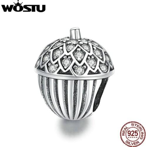 Wostu Genuine 925 Sterling Silver CZ Oxidized silver Lucky Pine Cone Original Charm for Brand Female DIY Jewelry BSC337