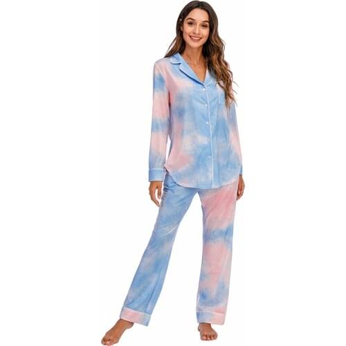 Aamikast Women Tie Dye Pajamas 2 Pieces Set Long Sleeve Tops And Loose Elastic Waist Long Pants Women Casual Homewear Sleepwear