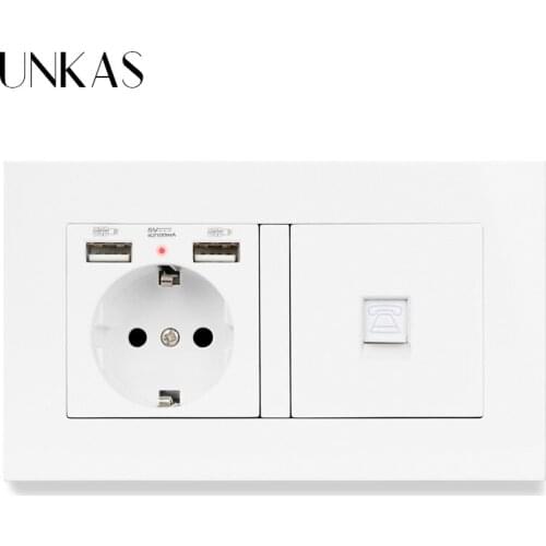 UNKAS PC Plastic Panel EU Standard Socket with 2 USB Charge Port +1 Gang RJ11 2 Core Telephone Connector Outlet with USB