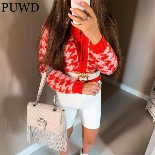 PUWD Casual Women Houndstooth Knitted Jacquard Sweater 2021 Autumn/Winter Fashion Ftitching Contrast Color Plaid Female Cardigan