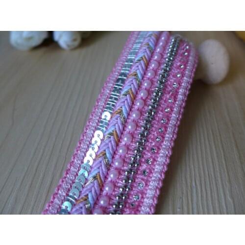 5cm Wide Luxury Pink Braided Sequins Lace Trim Crocheted Beads Lace DIY Handmade Wedding Dress, Window Treatment, Costume