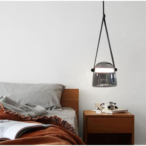 Leather Glass LED Chandelier Bedside Bedroom Bar Small Chandelier Dining Room Furniture Gray Glass Bedroom Decor Light Lamp