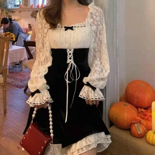 Spring/Autumn Sweet Girl Trendy Lace Stitching Sexy Cute Lolita Dress Retro Elegant Bowknot Puff Sleeve Black and White Dress