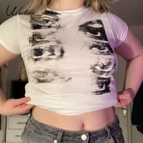 Weekeep Gothic Chic Print T-Shirt Women Short Sleeve Pullover Tee Shirts Summer Casual Basic White Tops Harajuku Streetwear 2021