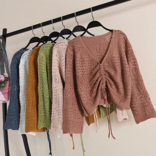 HISUMA Women Autumn V-Neck Lace Up Bandage Strap Hollow Out Knitted Bow Shirt Lady Short Elastic Slim Pullover Party Blouse Tops