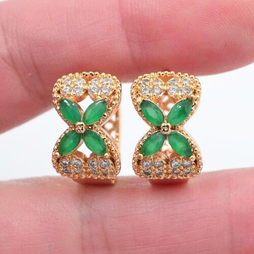 Gold Color Women Green Cubic Zirconia CZ Bowknot Huggie Hoop Earrings Jewelry