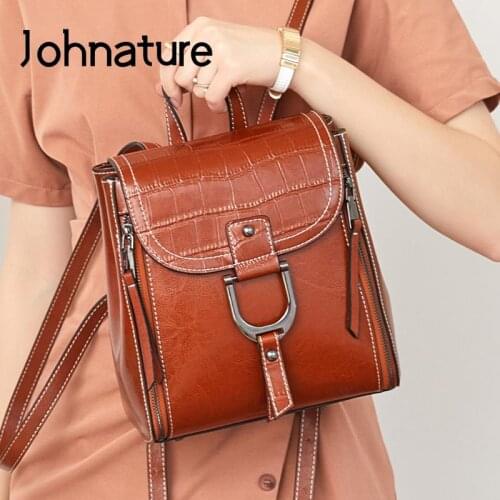Johnature 2021 New Women Bag Korean Fashion Oil Wax Cow Leather Backpack Leisure Versatile Travel Bags Elegant Backpacks