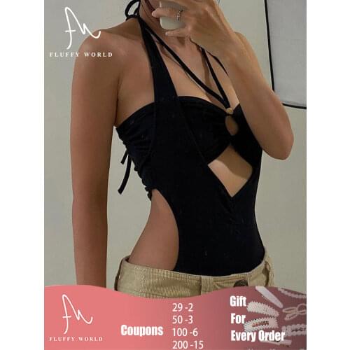 Women Solid Color Sexy Bodysuit Hollow Out Bandage Halter Sleeveless Bodycon Body Suit Metal Decoration Body Top Streetwear
