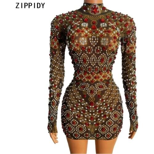 Silver Red Rhinestone Pearl Transparent Dress Evening Women Dance Singer Show Wear Birthday Celebrate Mesh Short Dress