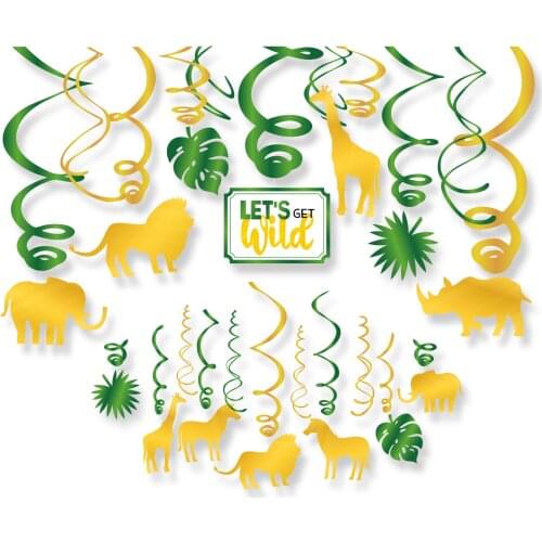 30pcs Boy Forest Jungle Animals Lion Go Wild ONE Happy Birthday Party Ceiling Hanging Swirls Party Supplies Decorations Spirals