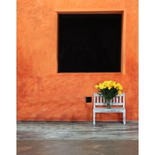 5x7ft Wooden Floor Orange Wall Yellow Flowers Photography Backdrops Photo Props Studio Background