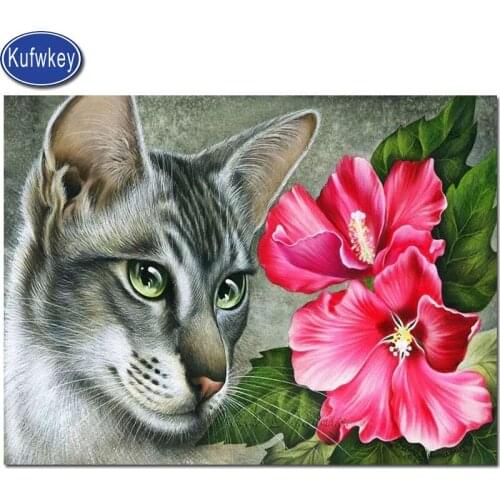 Cat and red flower Diamond Painting completely Cross Stitch kits 5D DIY Crystal beadswork Embroidery Mosaic Christmas Rhineston