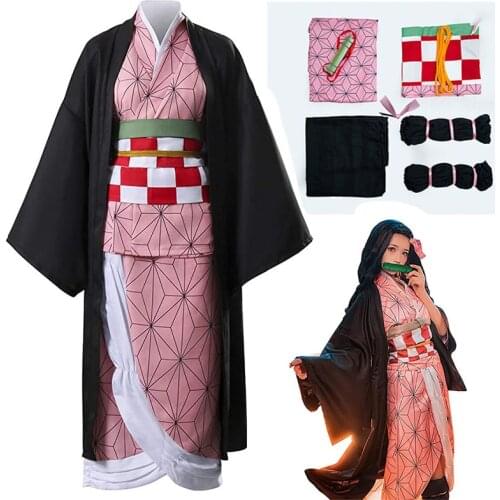 Anime Demon Slayer Kimetsu No Yaiba Kamado Nezuko Cosplay Costumes Kimono Adult Child Wig Suit Halloween Costume