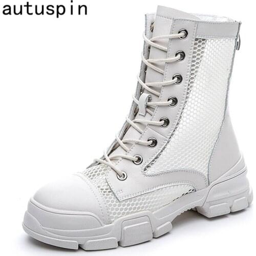 Autuspin Cross Tied Women Ankle Boots Fashion Solid Chunky Heels Pumps Female Summer Genuine Leather Casual Mesh Shoes Woman