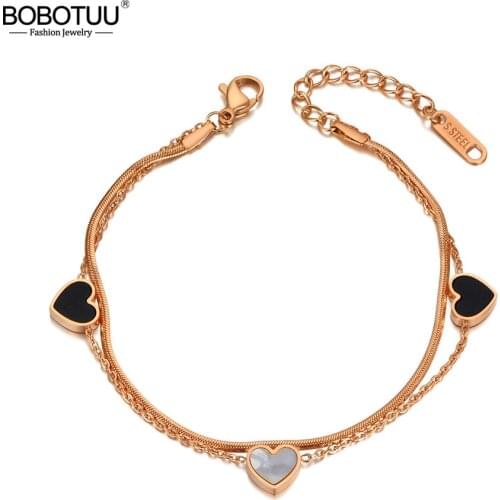 BOBOTUU Original Design Stainless Steel 3Pcs Heart Charm Bracelets For Women Girls Trendy Acrylic & Shell Chain Jewelry BB20076