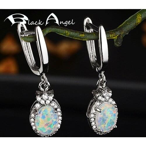 BLACK ANGEL Elegant Oval Opal Egg Shaped 925 Sterling Silver Ear Jewelry Opal Hamsa Clip Earring for Women Christmas Gift