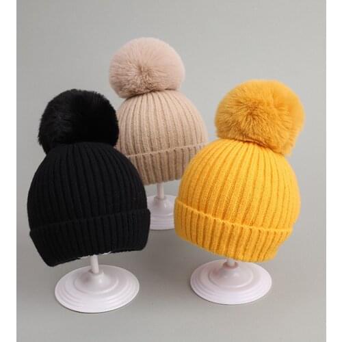 Big Pompom Baby Beanie Autumn Winter Knitted Thick Warm Hat Cap Solid Color Kids Girls Boy Cap Crochet Children Beanies