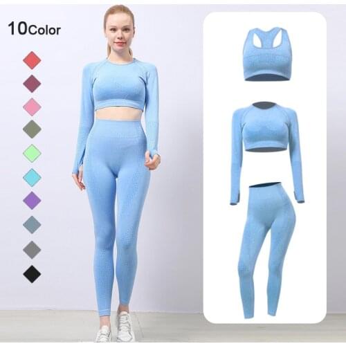 2/3PCS Seamless Women Yoga Set Workout Clothes Long Sleeve Shirts Bra High Waist Leggings Sports Suit Gym Set Fitness Sportswear