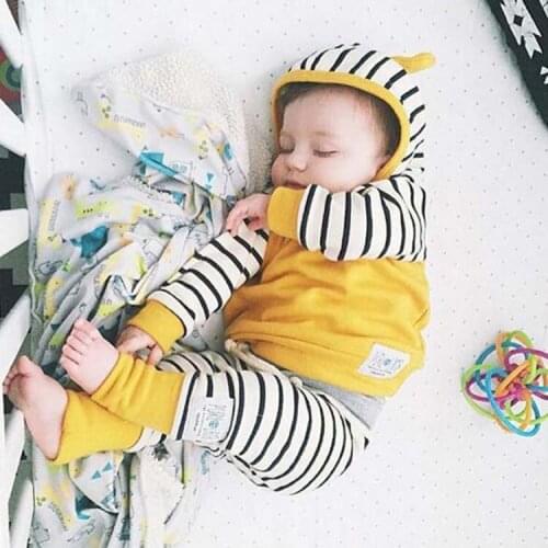 2Pcs Ins hot yellow striped Outfits Set Newborn Autumn Winter Baby Boys Girls Striped Ear Tops +Leggings Pants Kid Clothes Set