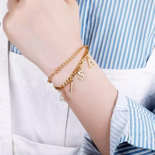 Customized Hot Sale Initial Cubic Zircon Letter Charm Bracelets Stainless Steel Adjustable Chain For Women Lovers Jewelry Gifts