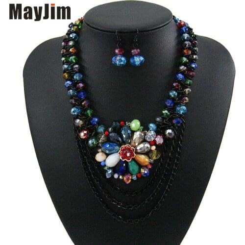 Statement necklace fashion jewelry sets Handmade beads chain crystal flowers jewelry sets earrings dubai Vintages Accessories