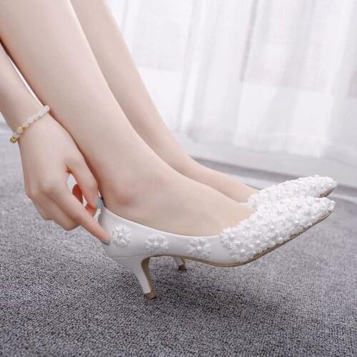 Fashion Women Pumps Shoes Dress PU Lace Pointed Toe Thin Heels 5CM High Heels Shoes Womens Wedding Shoes Party