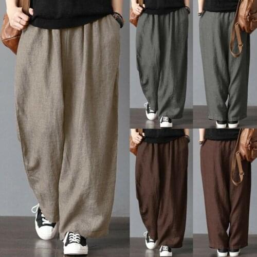 Plus Size Men Pants Cotton Linen Wide Leg Harem Pants Loose Casual Fashion Trousers Leisure Holiday Beach Cargo Pants