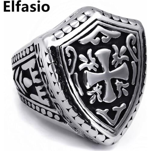 Mens Boys Silver Warrior Shield Cross 316L Stainless Steel Shield Ring Wholesale Jewelry Us Size 7-13