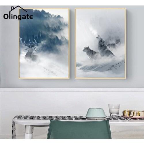 Nordic Black White Animals Canvas Poster Modern Forest Snow Mountain Wolf Elk Wall Picture Print One Piece Wall Art Home Decor