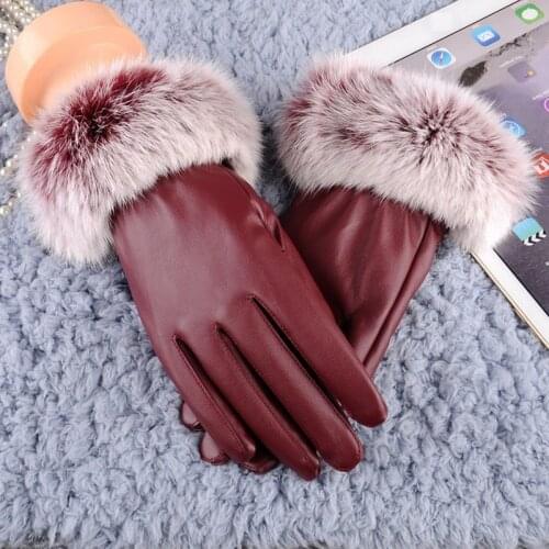 1 Pair Women PU Leather/Suede Velvet Winter Driving Warm Gloves Faux Rabbit Fur Warm Outdoor Touch Screen Bow Gloves Mittens