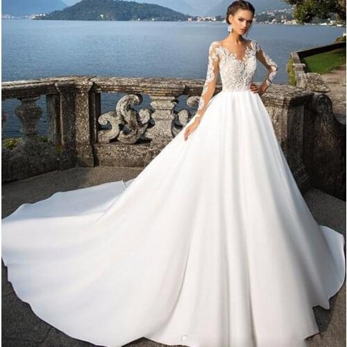 Customized Gorgeous O-Neck Long Sleeve A Line Lace Satin Wedding Dress Bride Gown Vestidos De Novia vestido de noiva