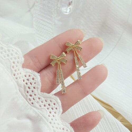 Korea Design 14k Gold Plated Jewelry Micro-inlaid Zircon Full Diamond Tassel Bow Exquisite Long Stud Earrings for Woman