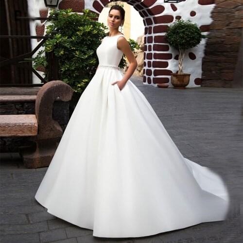 Simple White Stain Wedding Dress O-Neck Floor Length Chic Back Court Train Custom Made Bridal Gowns