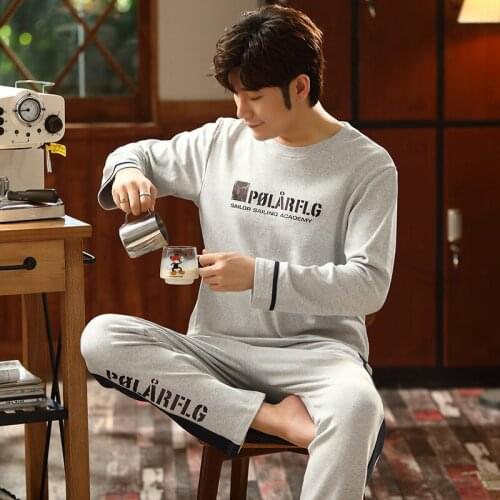 PURE Cotton Pullover Long Sleeve Trousers Pajama Boy Man Winter Jammies O-Neck Casual Sleepwear Home Nightwear cute Pyjamas hde