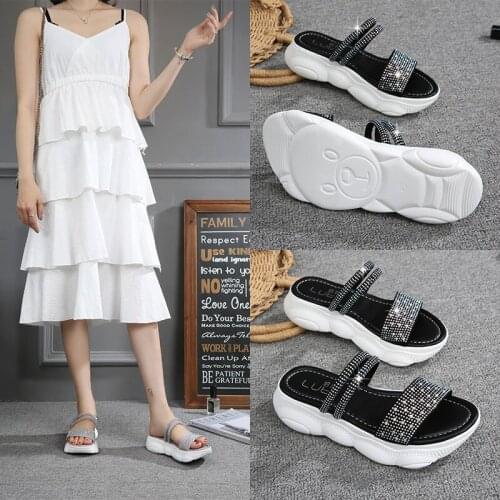 Plus size rhinestone open toe wedges slippers summer non-slip women muffins shoes comfy soft lazy slides brief flip flops 2-ways