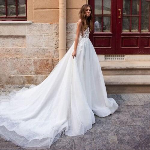 Glitter Wedding Dress Boho Women A line Lace Applique Sexy Backless Vintage Bridal Dress Wedding Party Gowns Robe De Mariee