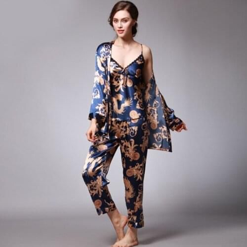 Silk Pajama Ladies Spring And Summer Dragon Robe Printed Silk Home Wear Three Sets Bathrobe Lounge Negligee Pajamas Пижама