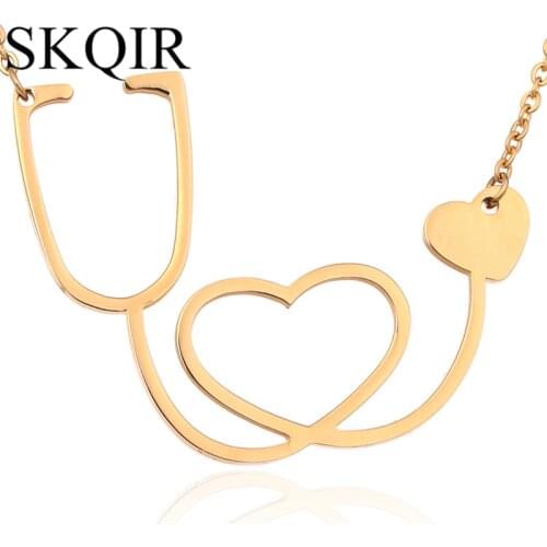 SKQIR Gold Color Stethoscope Heart Necklaces Pendants For Doctor Medical Student Gift Nurse Fashion Jewelry Steel Chain