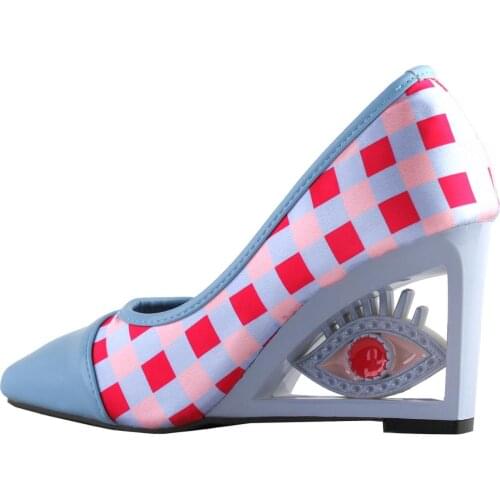LF10804 SHOW STORY Vintage Plaid Pattern Square-Toe Wedge Eye Shape High Heels Pumps